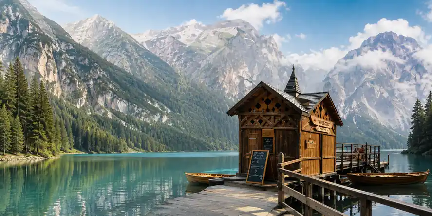A lakeside cabin in the mountains